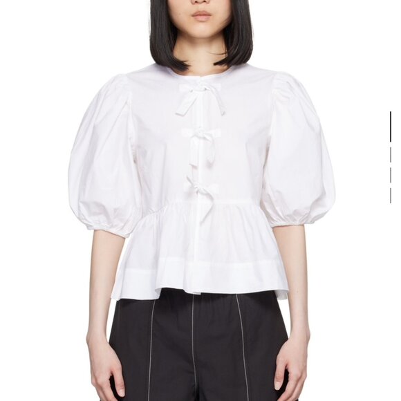 GANNI White Cotton Poplin Peplum Tie Blouse - Picture 5 of 5